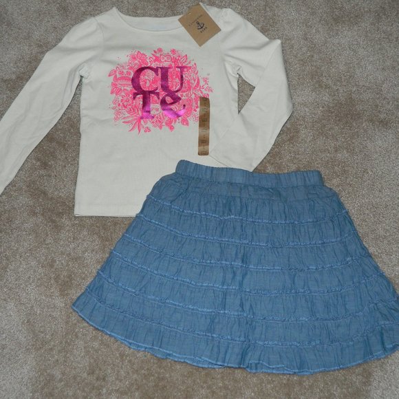 NWT LANDS END 2 PC WOVEN TIERED SKIRT and CUTE GRAPHIC TEE SZ 4 - Picture 1 of 1